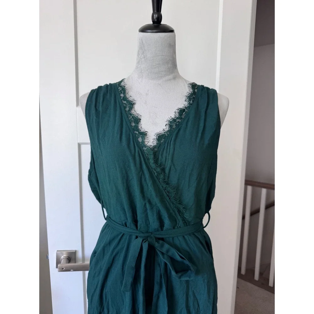 Juniper Blu Womens Forest Green Lace Trim Surplice V-Neck Wide Leg Jumpsuit - Picture 2 of 5